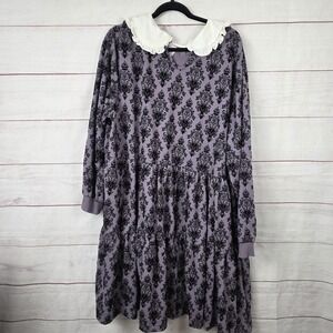 Disney Dress Womens 1X Purple Haunted Mansion Wallpaper Collar Long Sleeve Swing